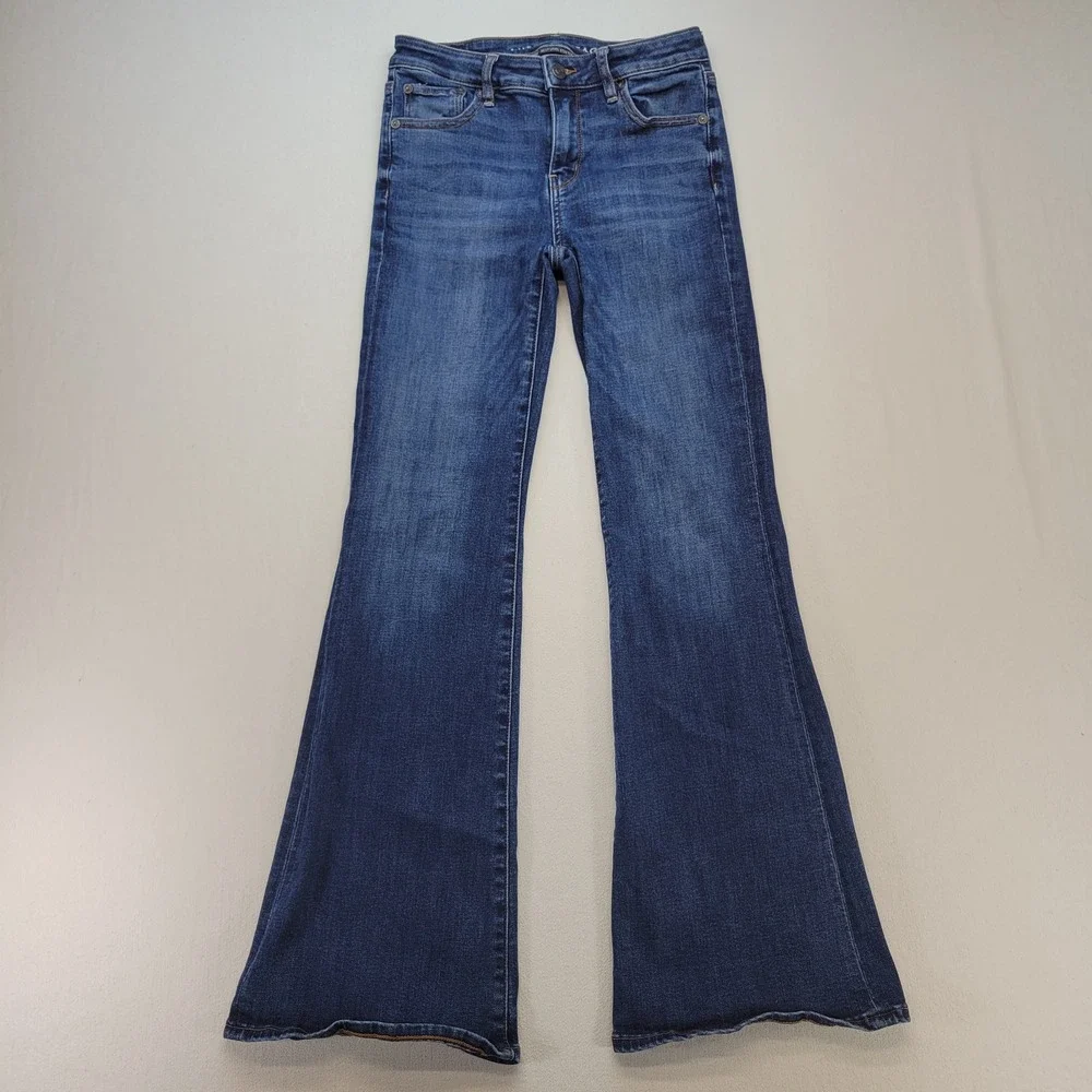 American Eagle‎ Flare Jeans Womens 0 Blue Low Rise Stretch Dark Wash Denim